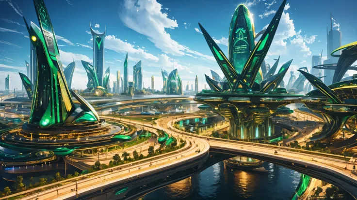 A hi-tech futuristic golden super city with emerald accents