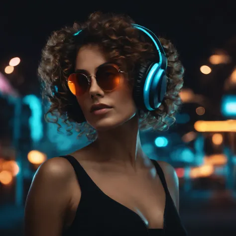 Brown hair . beautiful woman with curly hair and sunglasses wearing full size headphones - ear piece or surround dark room neon cyberpunk at night coordinator neon glow