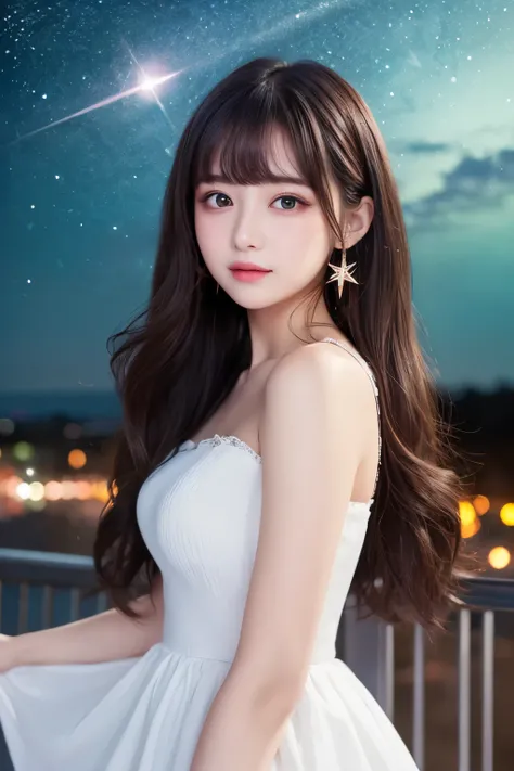 ((Highest quality)), ((masterpiece)), (detailed), One girl, Shoulder up 、Fair hair、Hair tip dark green、bright、Your forehead is visible、Long hair, center parted、Eye colorLight blue、White dress、cute、Center parted bangs、Starry Sky、winter