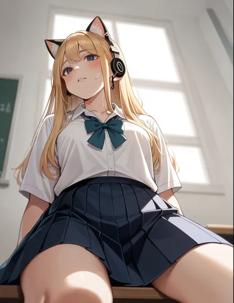 sitting, high resolution, long hair, chest, blushing, blonde, cat ear, blurred, earphone, school uniform, (from below:1.3)ソロ,