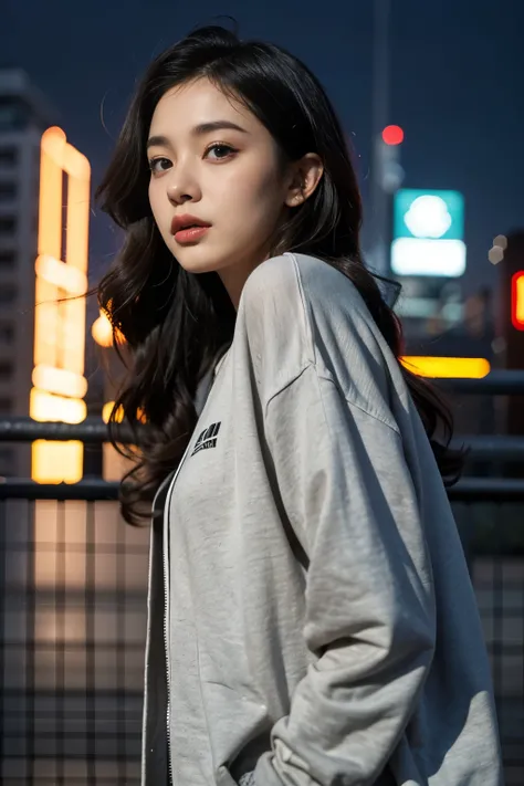 1girl, beautiful, wavy hair, almond eyes, no make up, grey sweatshirt, oversize_shirt, in front of fence, night city, cyberpunk vibes, close up, (from below:1.2), (photorealistic:1.2), (ultra realistic:1.3), (very detailed:1.1), ((masterpiece)),