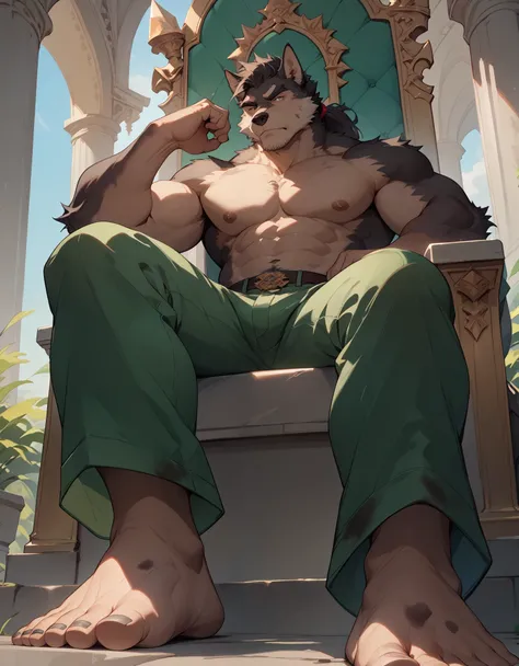 big, furry, muscular male, black wolf, ponytail hair, mature man, sitting on throne, barefoot, dirty feet, green pants, topless, crossed legs, sole visible, foot focus, low angle view