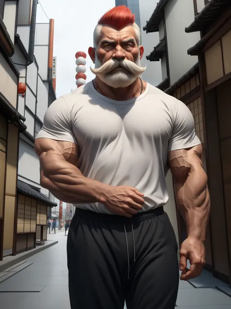 a muscular old man with a thick mustache and long beard, (Japanese man:1.3), mohawk haircut, wearing a white t-shirts, black pants, standing in a city background, (best quality,4k,8k,highres,masterpiece:1.2),ultra-detailed, realistic, photorealistic, semir...