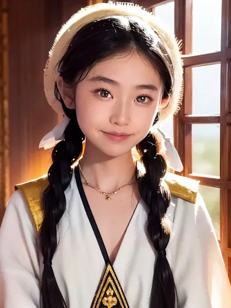 girl, Long braids, Tibetan Girl, close, Head slightly raised, smile, Bust photo, Upper Body, Appearance Yang Transcendence, Gorgeous Tibetan costume, Unwieldy Tibetan Necklace, Awkward Tibetan Headdress, Clothing fuzz, White animal bulge, CG of real people...