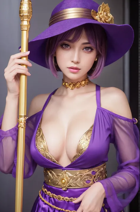 8k,Tag Girl,Goddess in purple outfit and hat holding magic wand, Very beautiful eyes,Golden Eyes,Light Purple Short Bob Hair,purple and gold skirt,small breasted goddess,Very detailed artgerm, ig model | ArtJam, Style ArtJam, Art James&#39; Style, Fan Art ...