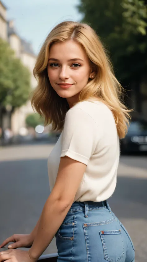 Photographie d’une femme, (expression faciale sympathique), peau texturée, chair de poule, cheveux mi-hauts mi-bas blond venitien, debardeur, jean skinny, de face, yeux parfaits, ((éclairage dur:1.4)), Velvia 100 couleur, tourné sur CineStill 800T, bokeh, ...