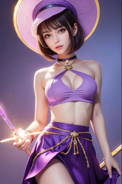 8k,Tag Girl,Goddess in purple outfit and hat holding magic wand, Very beautiful eyes,Golden Eyes,Light Purple Short Bob Hair,purple and gold skirt,small breasted goddess,Very detailed artgerm, ig model | ArtJam, Style ArtJam, Art James&#39; Style, Fan Art ...