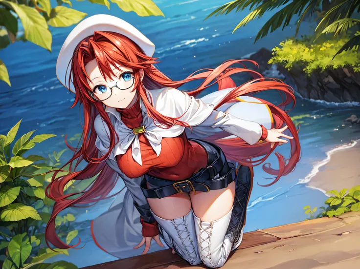 summonnightaty, aty, (young:1.3),long hair, blue eyes, red hair, big_tits, hat, glasses,
BREAK long hair, thighhighs, hat, dress, naked_legs, glasses, belt, cape, sweater, zettai ryouiki, beret, thigh boots, white footwear, ribbed sweater, loose belt,solo,...