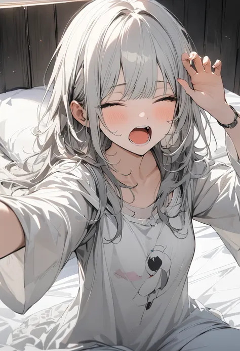 A slim girl with short bangs and long silver hair sitting on the bed, raising her arms and yawning with a sleepy face, conceptual art, masterpiece, super detail, attention to detail, high quality, highest quality, high resolution