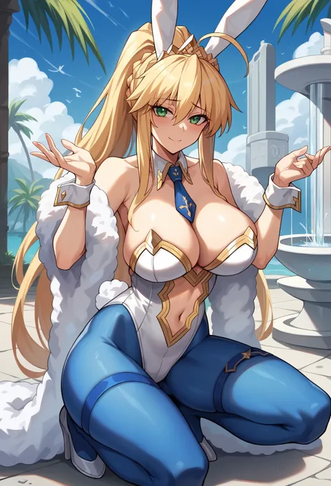 masterpiece, best quality, absurdres, soft lighting, looking at viewer, solo, light_smile, shy,
1girl, ahoge, rabbit ears, playboy bunny, artoria pendragon (swimsuit ruler) (fate), large breasts , blonde hair, green eyes, french braid,  pony tail
bare shou...