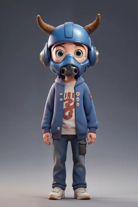 Human with closed robot helmet with horns and gas mask wearing sweatshirt.


