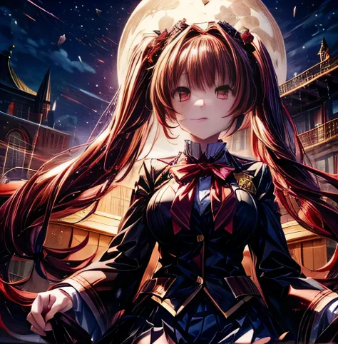 Umineko no Naku ni ni　Enju　uniform　　moon　School　night　Bangs Patsun　Dark red twintails　Crimson hair color