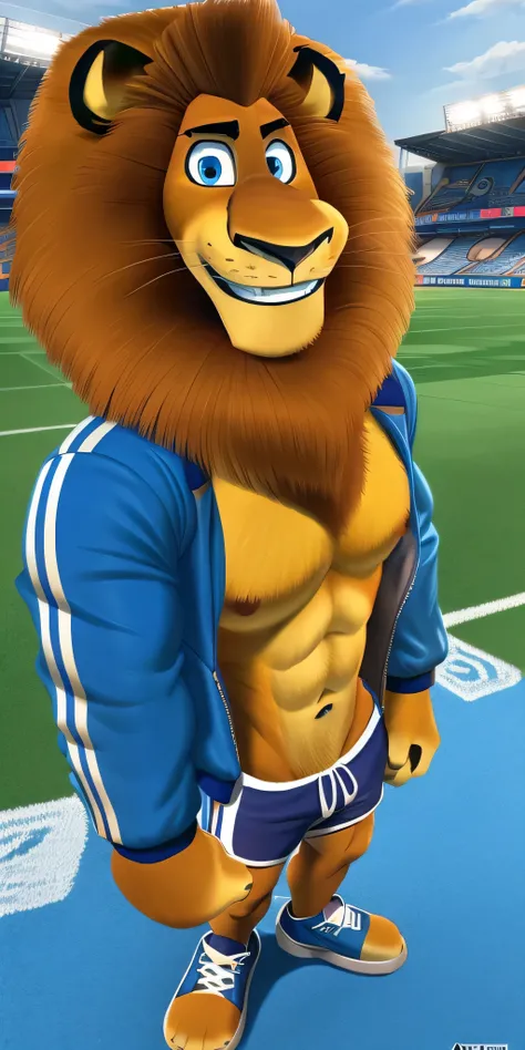 Alex the Lion, muscular body, big biceps, extremely beautiful and cute face, perfectly detailed blue eyes with perfectly detailed pupils, wears blue sports jacket,  shorts, grey sneakers, sports ground background, selfie, gentle look, cute smile