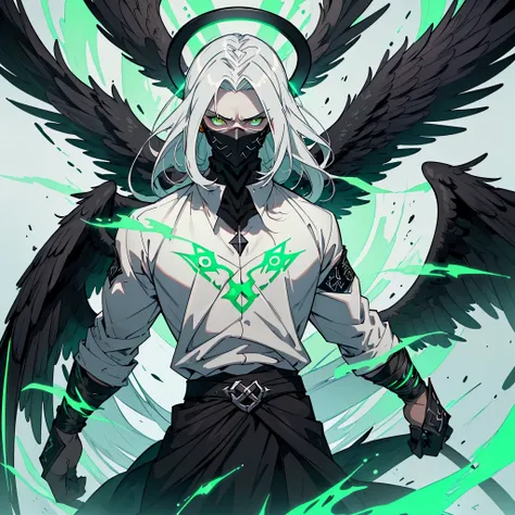 (four arms, four black wings:1.43), highly detailed, full body portrait of a man wearing a black metal mask with green runes that only shows his eyes, masterpiece, best quality, ultra high res, beautiful, stunning, elegant, incredible details, detailed, au...