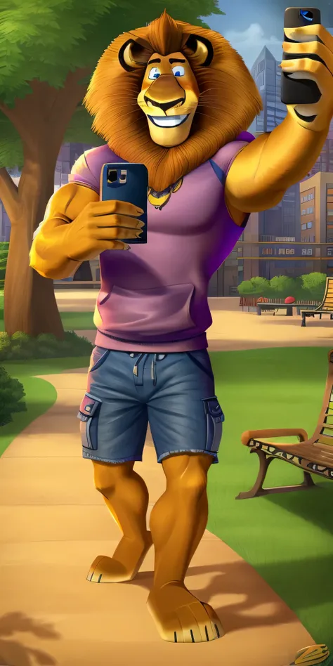 Alex the Lion, muscular body, big biceps, extremely beautiful and cute face, perfectly detailed blue eyes with perfectly detailed pupils, wears purple sweatshirt, denim cargo shorts, bare feet, park background, selfie, friendly look, cute smile