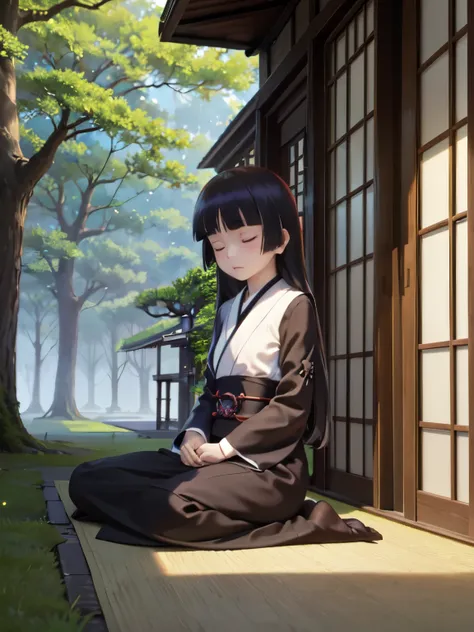 (Deep Meditation), ((Zazen)), Ancient temple, Mysterious space, Timeless Silence, Historical Art, In the sun through the trees, Concentration in silence, (ruri gokou), woman, alone, Hime cut, woman, Long Hair, Close ~ eyes, full body