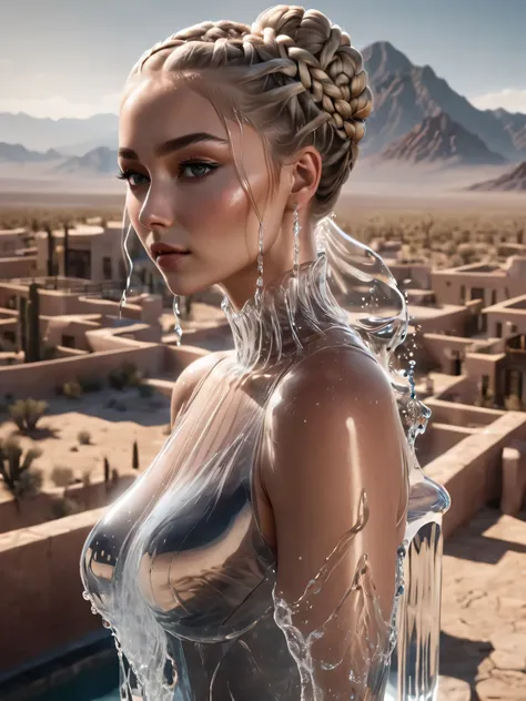 breathtaking beautiful woman wearing a (water dress) arching in new vegas, crane shot, from above, [full body],
braided bun,
ash...