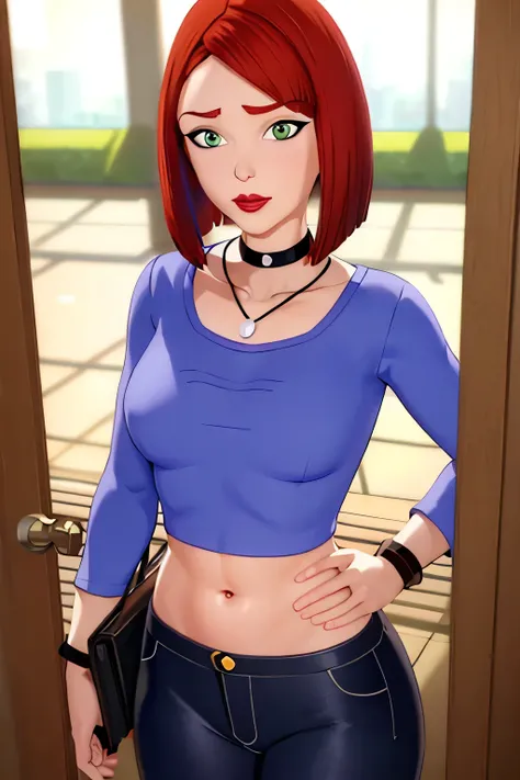 straight-on,pose,looking at viewer,solo, BREAK,
CARTOON_merry_jane_watson_SMTAS_ownwaifu, www.ownwaifu.com, 3d, 
red hair, short hair, green eyes, breasts, makeup, lipstick, red lips, bob cut, lips, choker, jewelry, necklace, black choker, blue shirt, crop...