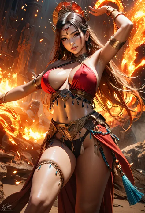 {best quality,4K,8k,highres,masterpiece:1.2),ultra-detailed,(realistic,photorealistic,photo-realistic、looking at the camera}、{Chinese、Dancer、Very large breasts、Covered nipples、extremely detailed eyes and face}、Flaming background、(Has a fire element、There a...