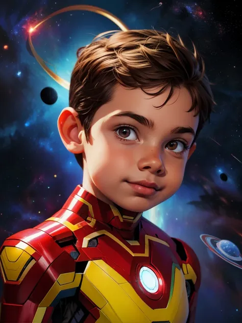 cinematic cartoon style. comic art. tme0224 face, (((a boy, 6yo))) in a funny night, brown eyes, (((wearing a red iron-man costu...