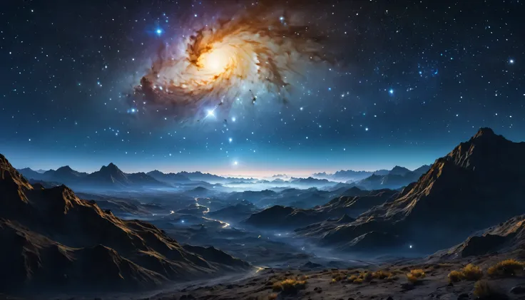 Heavenly cosmic landscape, orion constellation, hyper-realistic, super-realistic, UHD, 16K resolution, High Resolution, complementary shades of color, consider the golden ratio for composition, Masterpiece, Best Quality, Intense lights