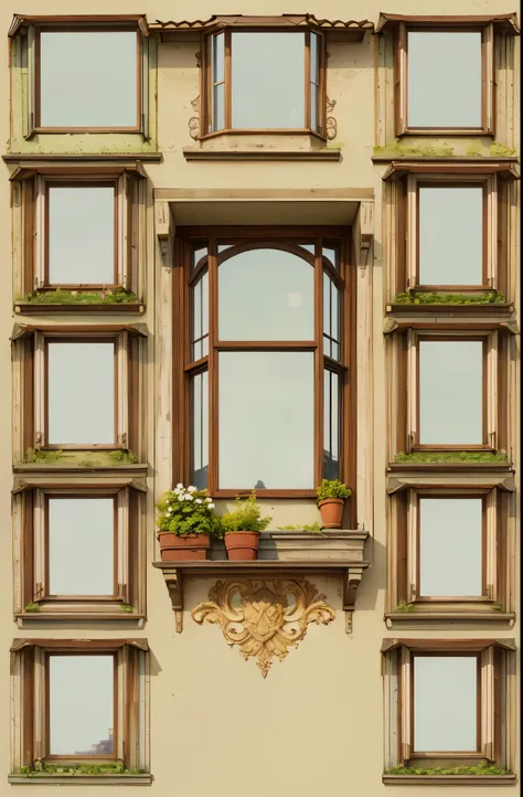 there is a picture of a window with a shelf and a window sill, open window ib background, many windows, window and city background, realistic windows, many large windows, house windows, window ( city ), house background, many large green windows, small win...