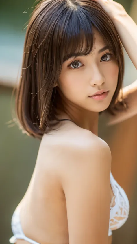 ((Highest quality, 8K, masterpiece :1.3)), Cute Japanese Gravure Model, One girl, Slim body、Fashion model body type、 :1.1, Dark brown hair, Bobcut, (Very small breasts, Micro Bikini), Sexy pose, Highly detailed face, Highly detailed lips, Fine grain, doubl...