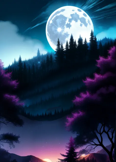 enchanted forest, the full moon rises from behind the hills, starry sky