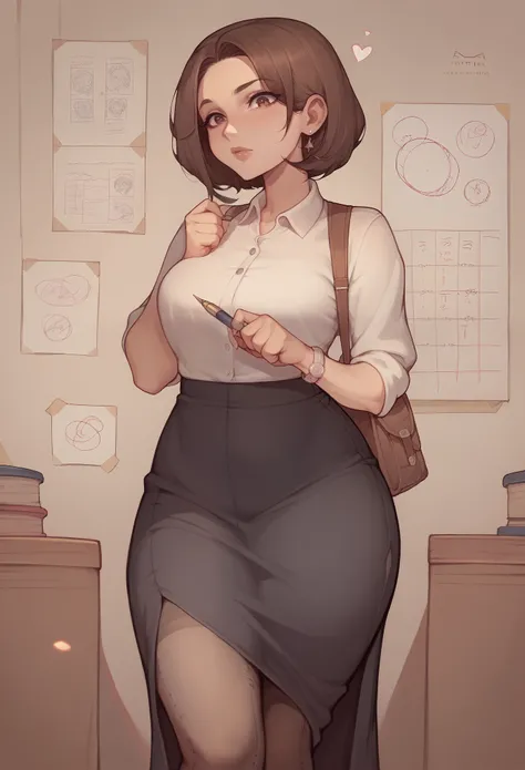 girl, middle age, brown hair, visual novel character, teacher, tights, black long skirt, stand, front, holding a pen