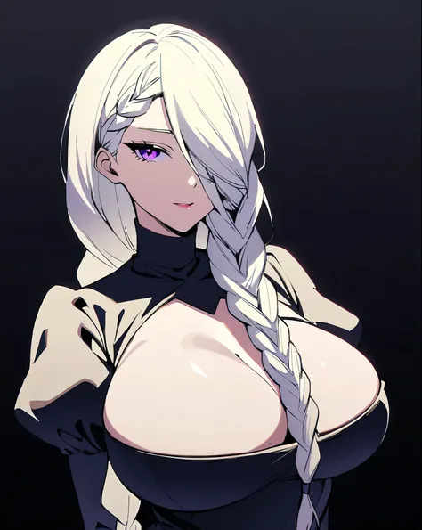 mei mei, long hair, very long white hair, braid, hair over one eye, braided ponytail, ((front braided bangs covering one eye)), purple eyes, pinup style, sexy, submissive, minimalist, lonely, monochromatic black and white color palette, soft lighting, ((su...