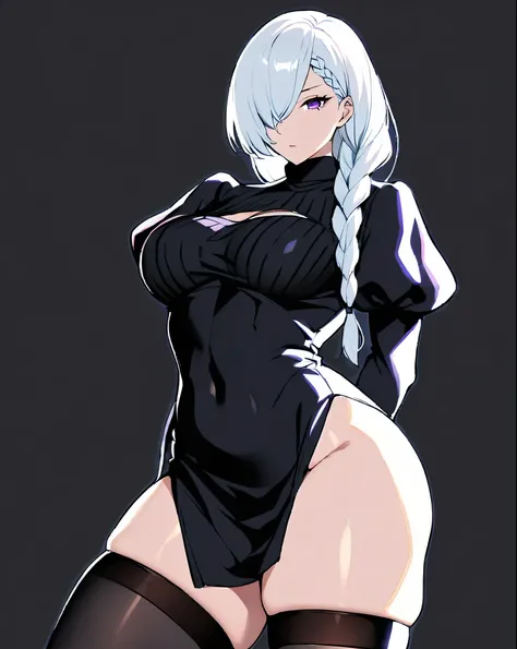 mei mei, long hair, very long white hair, braid, hair over one eye, braided ponytail, ((front braided bangs covering one eye)), purple eyes, pinup style, sexy, submissive, minimalist, lonely, monochromatic black and white color palette, soft lighting, ((su...