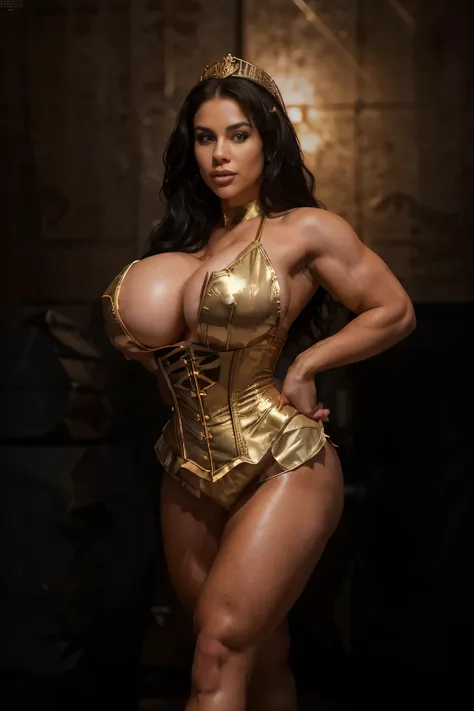 fullbody image. a female bodybuilder with large breasts, 80s bodybuilding magazine cover style, wearing a golden corset and miniskirt spandex set, princess tiara, platform heels pleaser brand, detailed muscles, dramatic lighting, photorealistic, high quali...