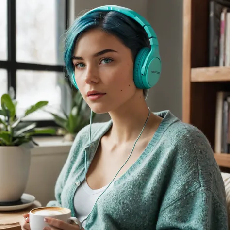 Woman, 20 Years Old, Nordic Ethnicity, short blue hair with a perfect face and light freckles, Blue-Green Eyes, sitting comfortably in a cozy, well-lit studio corner, with a relaxed and focused expression. She’s holding a cup of coffee in one hand and adju...