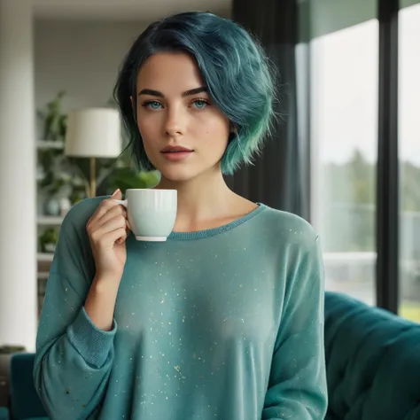 Woman, 20 Years Old, Nordic Ethnicity, short blue hair with a perfect face and light freckles, Blue-Green Eyes, standing in a luxurious, modern living room. She is elegantly dressed in a casual yet chic outfit, holding a steaming cup of coffee in one hand ...