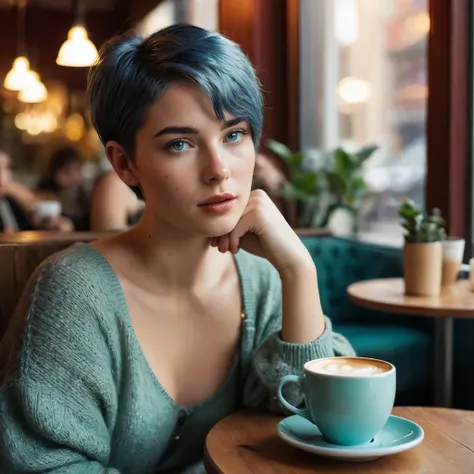 Woman, 20 Years Old, Nordic Ethnicity, short blue hair with a perfect face and light freckles, Blue-Green Eyes, sitting in a cozy, softly lit corner of a stylish café. She is holding a coffee cup close to her lips, her eyes half-closed in a moment of indul...