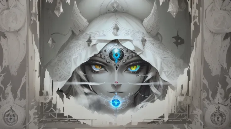 a close-up of a black and white photograph of a window, abrindo o third eye, wedjat eye, THE EYE THAT SEES EVERYTHING, Índio third eye tika, third eye no middle of the forehead, third eye, middle of the forehead, Hidden silver mask of full face, very grain...