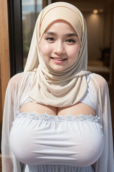 (Naked Strapless dress), Chubby adorable, 1 girl, (face to face), , baby face, happy, half body portrait, (face details: 1), (eye details: 1), ((big breasts)). wearing transparent transparency soft soft night dress, ((hijab)), .. Cute posed. proportional b...