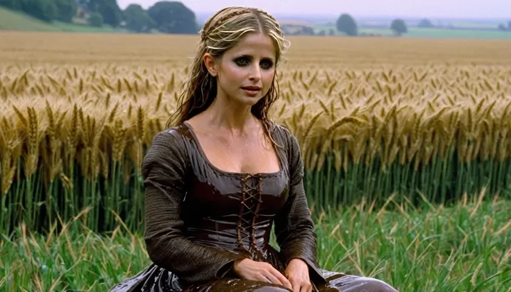 sarah michelle gellar, medieval period,wheat fields, wet and transparent clothing ,wet hair, clothes raised to waist height, sho...