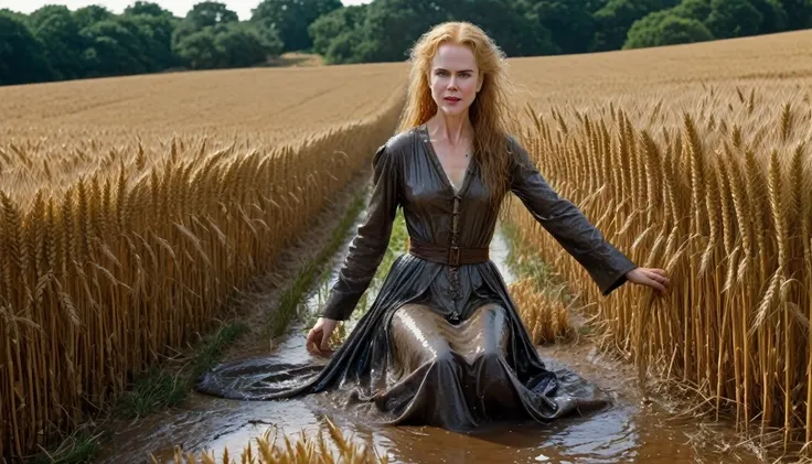 Nicole Kidman,Medieval period,wheat fields, wet and transparent clothing ,wet hair, clothes raised to waist height, show brown and wet medieval clothing ,glued over the crotch simple attracts, Sitting on a wheel&#39;water, cena de filme apaixonada e sensuo...