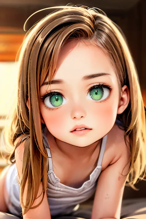 Best Quality, Masterpiece, Ultra High Resolution, (Realism: 1.4), Original Photo, egirl, Green Eyes, Off-the-Shoulders, Cinematic Lighting, brown Hair, At Sunset