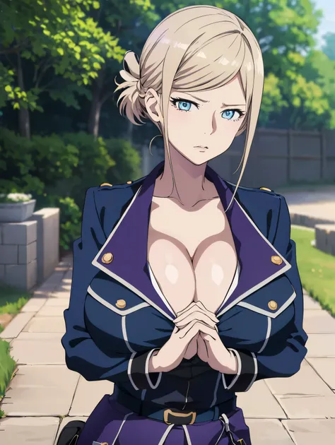 masterpiece, ((blue millitary uniform)), ((cleavage)) (best quality), (solo), 1girl, slim waist,, blonde hair, purple hair , (short skirt), blue eyes, sexy woman,  hair ornament, vibrant colors , natural lighting, RTX, (huge tits), (detailed face:1.2), (pe...