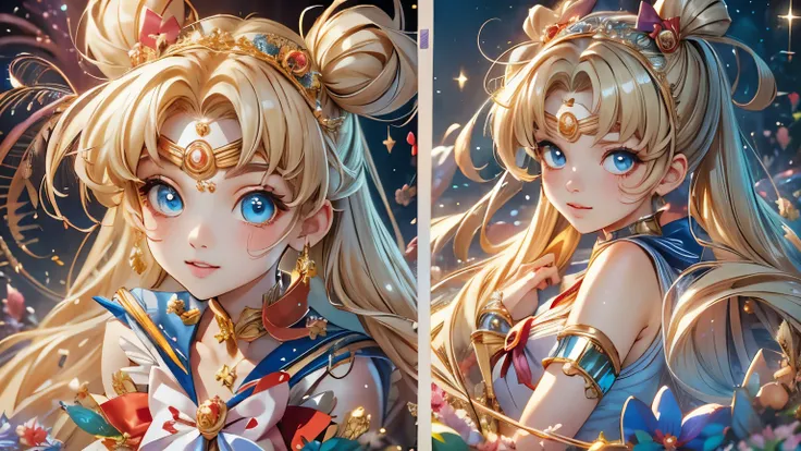 Draw Sailor Moon in her signature sailor suit, including the golden tiara, the red bow on the chest and the blue skirt. Make sure to include her long blonde hair in two pigtails with crescent moon decorations. The pose must be dynamic, as if in the middle ...