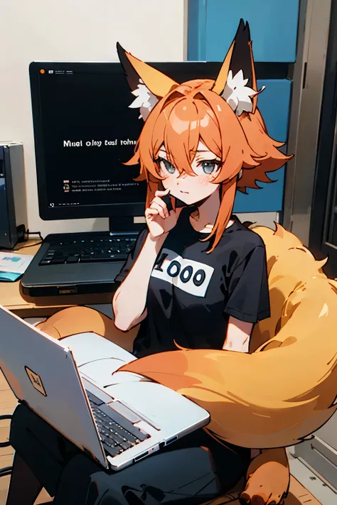 Senko the fox from the anime 800 Year Old Wife sits in a black T-shirt with the inscription "Linux User" and does something on her laptop. very high quality