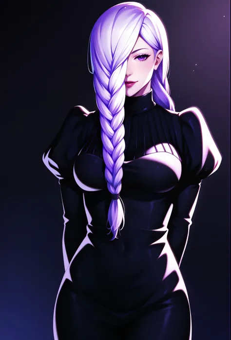 mei mei, long hair, very long white hair, braid, hair over one eye, braided ponytail, ((front braided bangs covering one eye)), purple eyes, pinup style, sexy, submissive, minimalist, lonely, monochromatic black and white color palette, soft lighting, ((su...