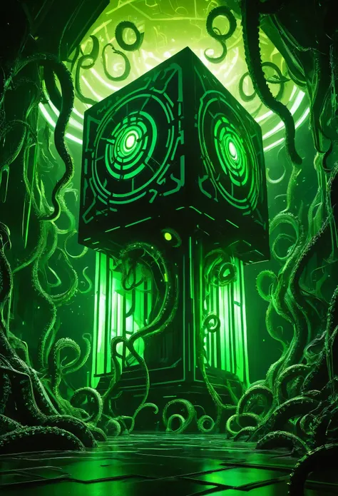 a gigantic floating cuboid structure with dark, twisting tentacles, radiating an intense green light from the circular patterns ...