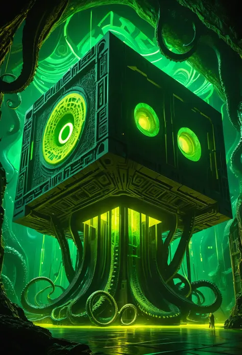 a gigantic floating cuboid structure with dark, twisting tentacles, radiating an intense green light from the circular patterns ...