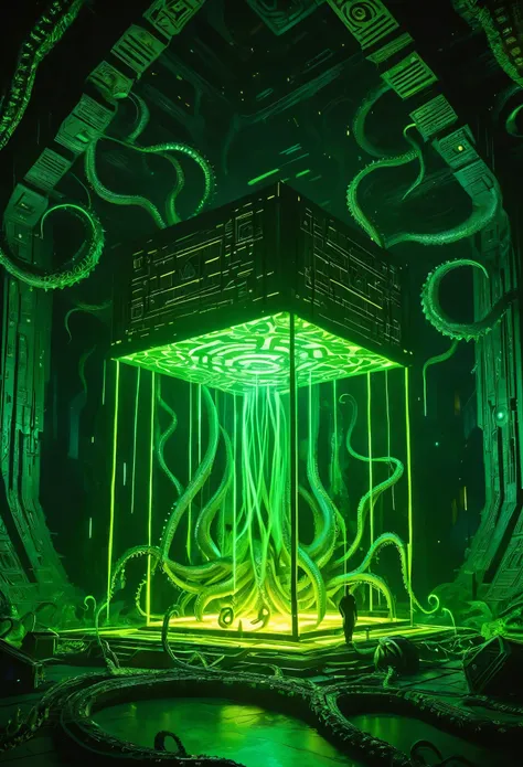 a gigantic floating cuboid structure with dark, twisting tentacles, radiating an intense green light from the circular patterns ...