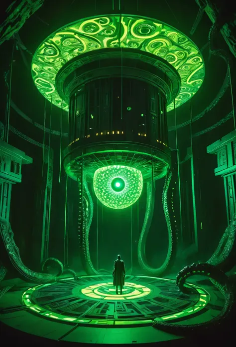 a gigantic floating cuboid structure with dark, twisting tentacles, radiating an intense green light from the circular patterns ...