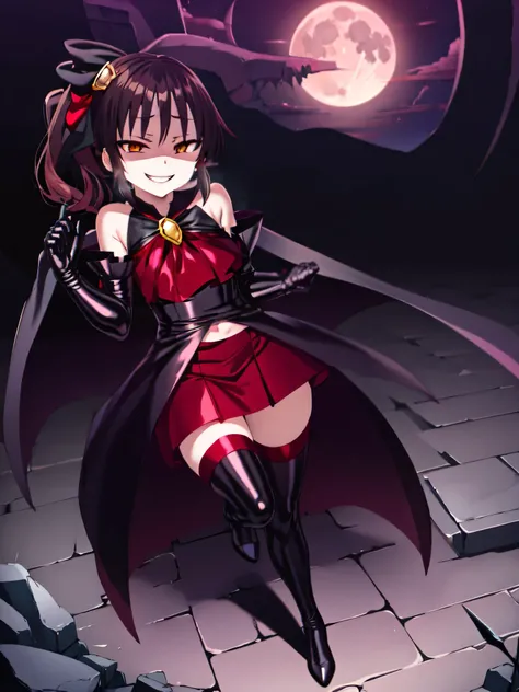 Highest quality, masterpiece, One Girl,Not beautiful, Red Ponytail, Long dress, brooch, Hair Ribbon, Black knee socks, Standwg on the rubble, , ,,Dark shadow face,Sadistic laugh,,Malice,Contempt,smile,latex,Bad face,,Red Skirt,both hands,Two legs,Five Fw...