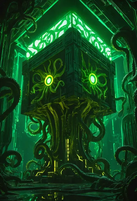 a gigantic floating cuboid structure with dark, twisting tentacles, radiating an intense green light from the circular patterns ...